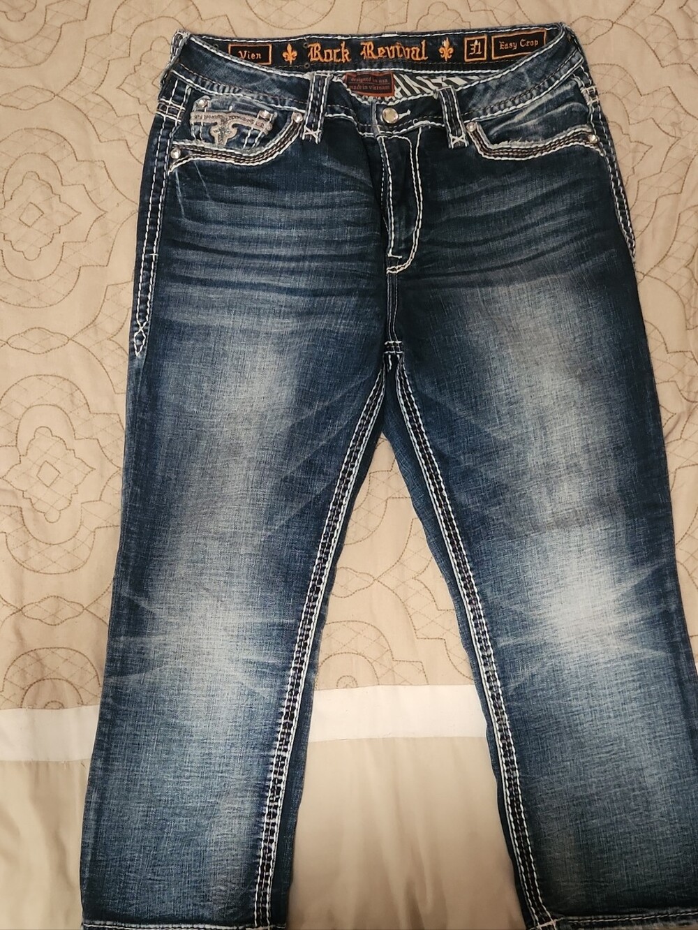 Rock Revival Blue Washed Cropped Jeans with Contrast Stitching